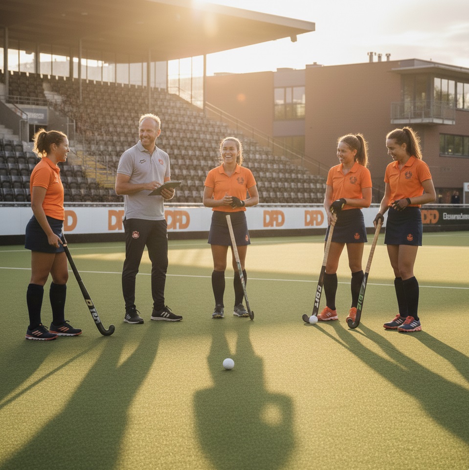 Field hockey coach giving instructions during a training session